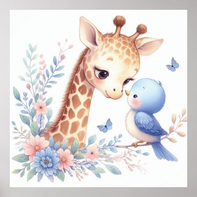 Storybook Woodland Spädbarn Giraffe och Blue Bird Poster (Framsidan)