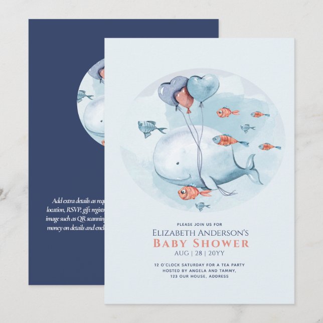 Storytime Ocean Life BABY SHOWER Blue Whale Invita Inbjudningar (Fram/baksida)