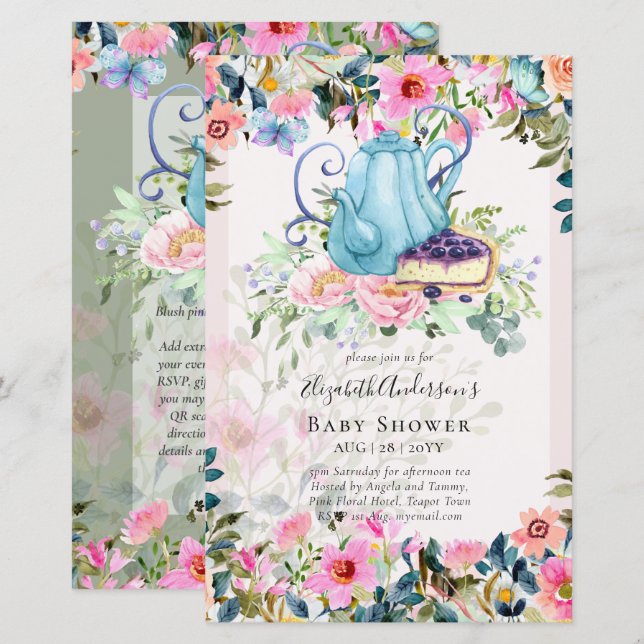 Storytime Tea Party Baby Shower-inbjudningar (Fram/baksida)