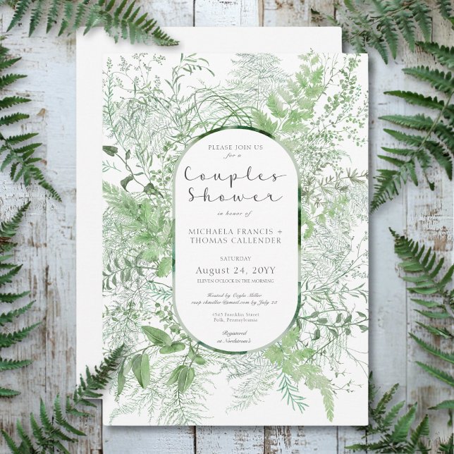 Stötfångare för Grönt av Foliage White Par Inbjudningar (Rustic Fern Green Foliage White Couples Shower Invitation)