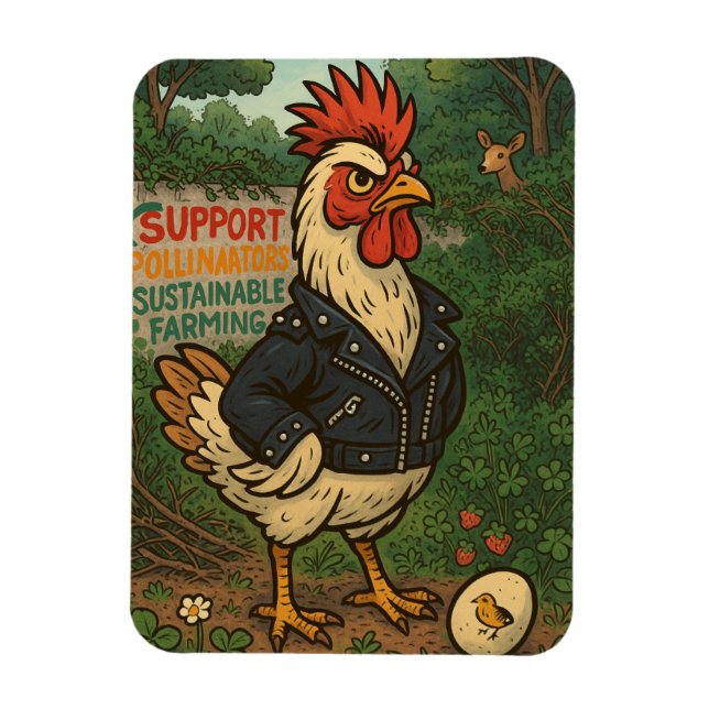 Stötta Pollinators Cool Rooster i läderjacka Magnet (Vertikal)