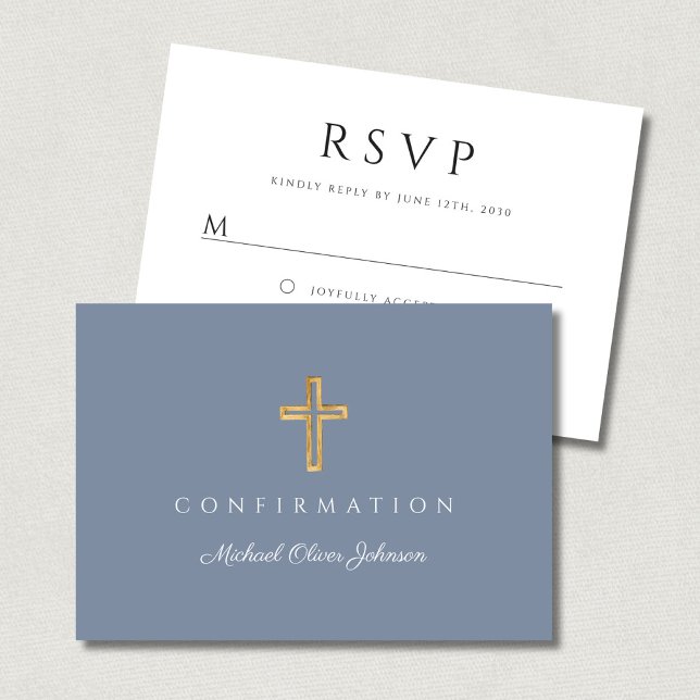 Støvblå pojke religiöst kors konfirmation OSA kort (Dusty Blue Boy Religious Cross Confirmation RSVP Card)