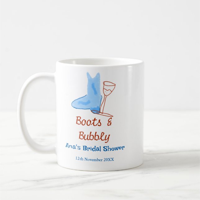 Stövlar & bubblig champagneflaska bröllopsdusch bl kaffemugg (Vänster)