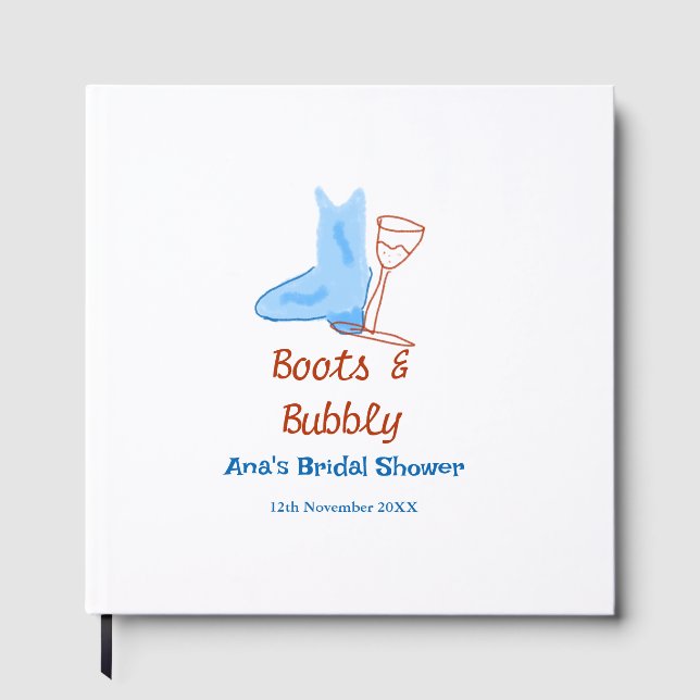 Stövlar & bubblig champagneflaska bröllopsfest blå gästböcker (Framsida)