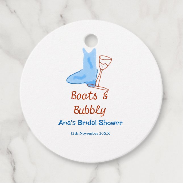 Stövlar & bubblig champagneflaska bröllopsfest blå gåvor etiketter (Framsida)