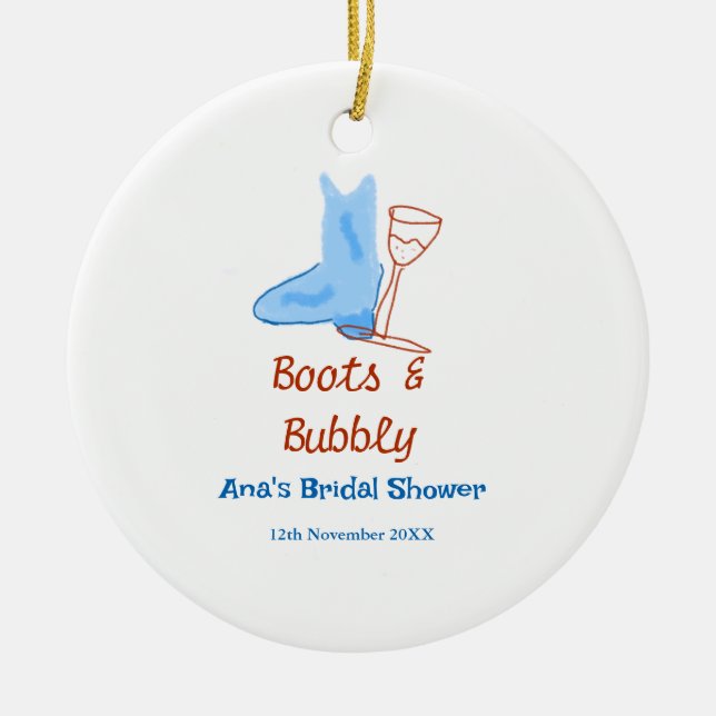 Stövlar & bubblig champagneflaska bröllopsfest blå julgransprydnad keramik (Framsidan)
