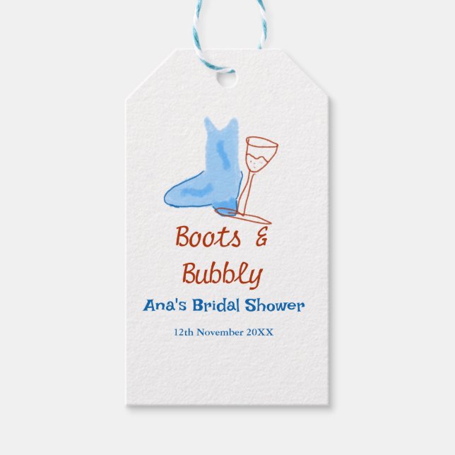 Stövlar & bubblig champagneflaska bröllopsfest blå presentetikett (Framsidan)