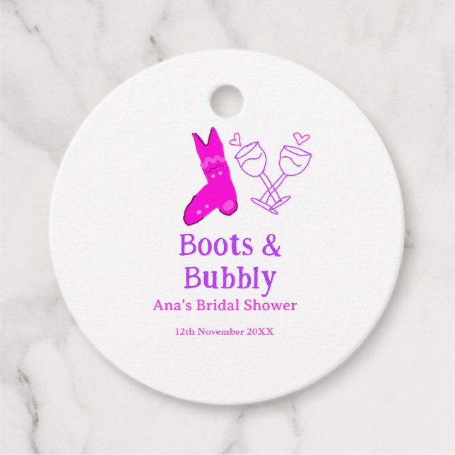 Stövlar & bubblig champagneflaska bröllopsfest ros gåvor etiketter (Framsida)