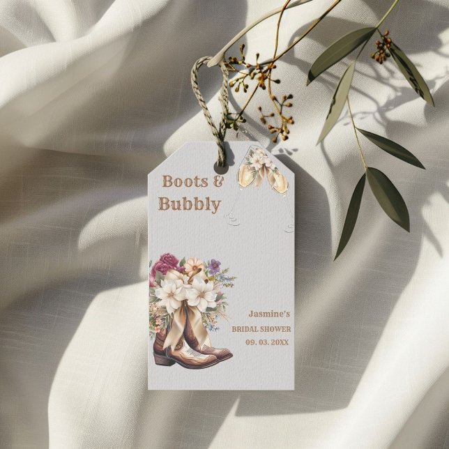 Stövlar & Bubbly Boho Western Bröllopsduschfest Presentetikett (Skapare uppladdad)