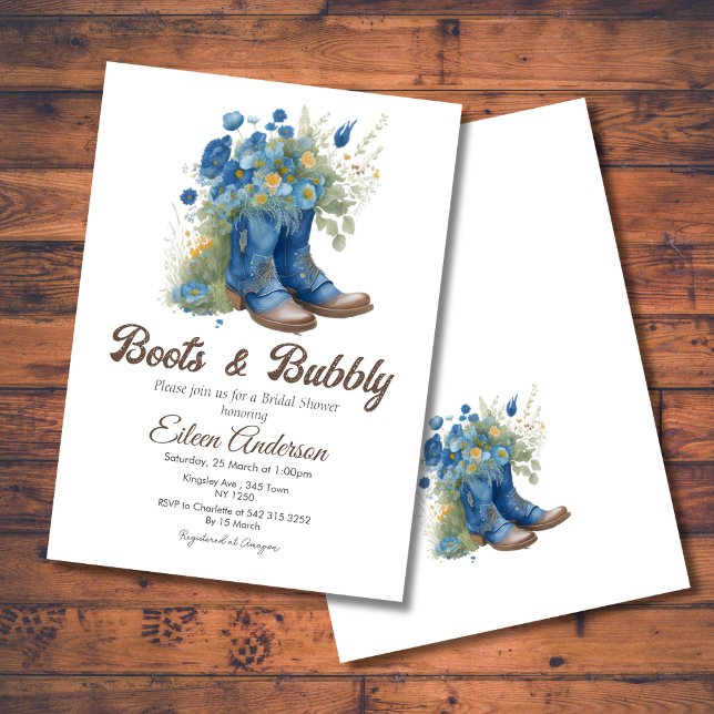 Stövlar & Bubbly Western Cowgirl Blå Bröllopsfest Inbjudningar (Boots Bubbly Western Cowgirl Blue Bridal Shower Invite)