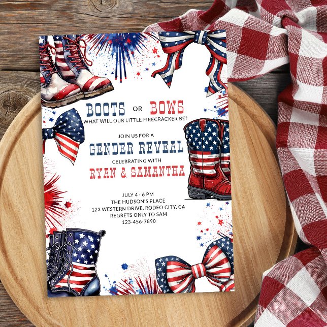Stövlar eller rosetter 4 juli western könsbestämni inbjudningar (Western Cowboy Boots or Bows Red White and Blue Gender Reveal Invitation)