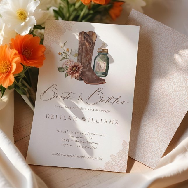 Stövlar & Flaskor Chic Cowgirl Västerländsk Babyfe Inbjudningar (Boots & Bottles Chic Cowgirl Western Baby Shower Invitation)