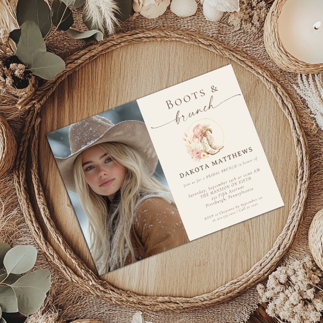 Stövlar och Brunch Western Blommig Bröllopsfest  Inbjudningar (Boots and Brunch Floral Western Photo Inviation)