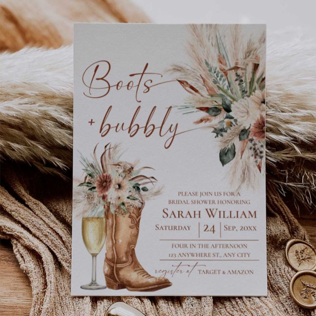 Stövlar och bubbel Rustik Bröllopsdusch-inbjudan Inbjudningar (Boots and Bubbly Bridal Shower Invitation | Rustic Western Boho Terracotta)