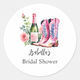 Stövlar och bubbelrosa bröllopsdusch runt klistermärke
