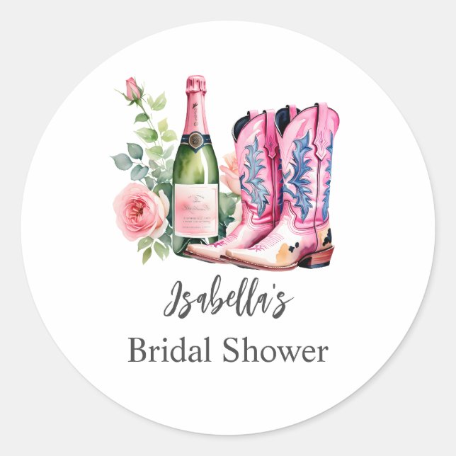 Stövlar och bubbelrosa bröllopsdusch runt klistermärke (Framsida)