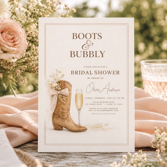 Stövlar och bubblig blomsterbåge bröllopsdusch inbjudningar (Skapare uppladdad)