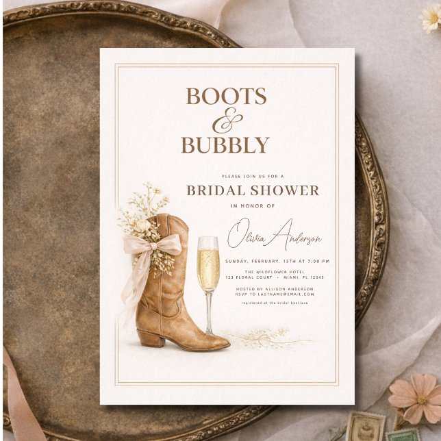 Stövlar och bubblig blomsterbåge bröllopsdusch inbjudningar (Skapare uppladdad)