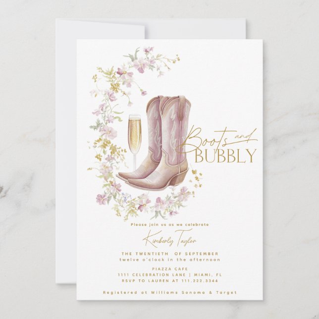 Stövlar Och Bubbly Wildflower Bröllopsfest Inbjudningar (Framsida)
