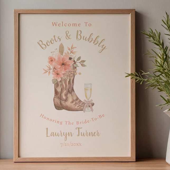 Stövlar Och Glitter Cowgirl Rustik Bröllopsduschsk Poster (Boots And Bubbly Cowgirl Rustic Bridal Shower Sign
)