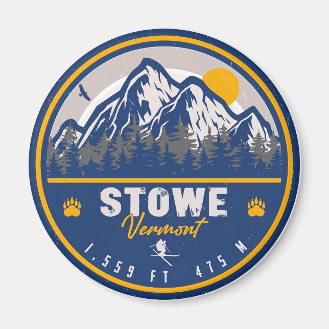 Stowe Mountain Vermont Retro Sunset Ski Souvenir Magnet (Framsidan)