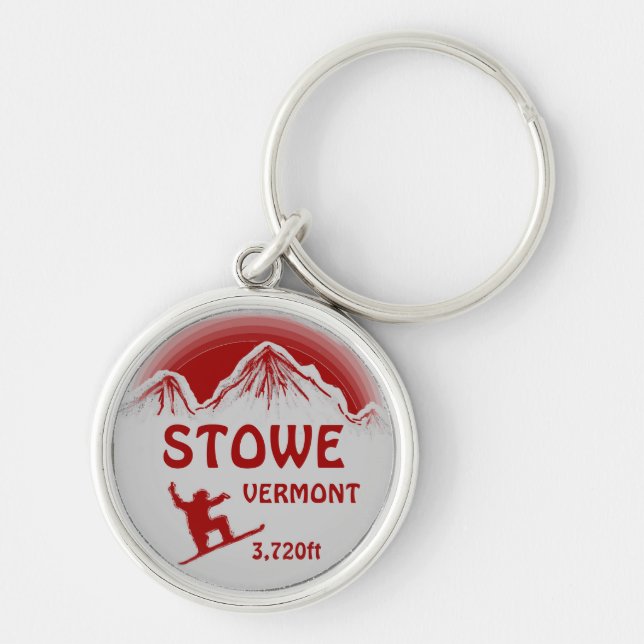 Stowe Vermont red grått snowboard art-nyckelkedja Rund Silverfärgad Nyckelring (Framsidan)