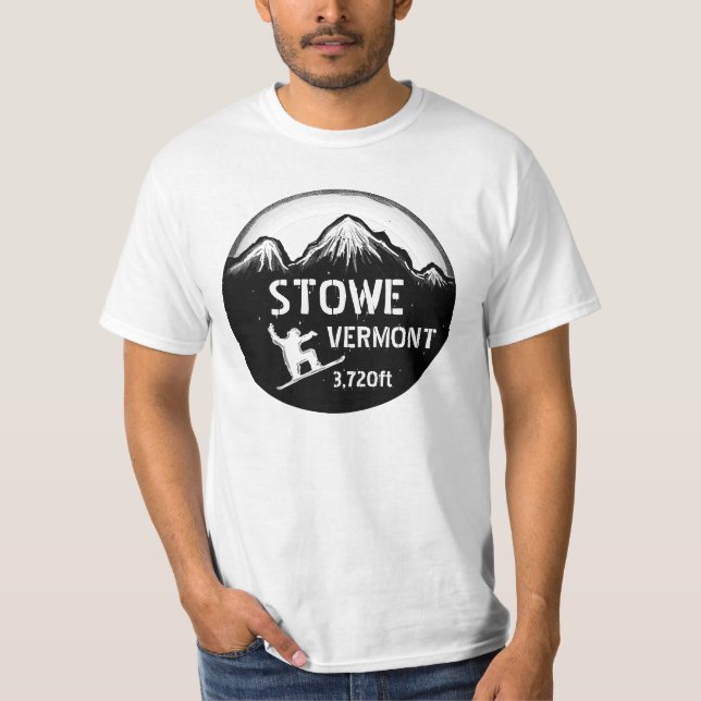 Stowe Vermont värderar svart snowboardkonst T-shirt (Framsida)