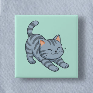 Sträckande Grå Tabby Katt Grön Knapp