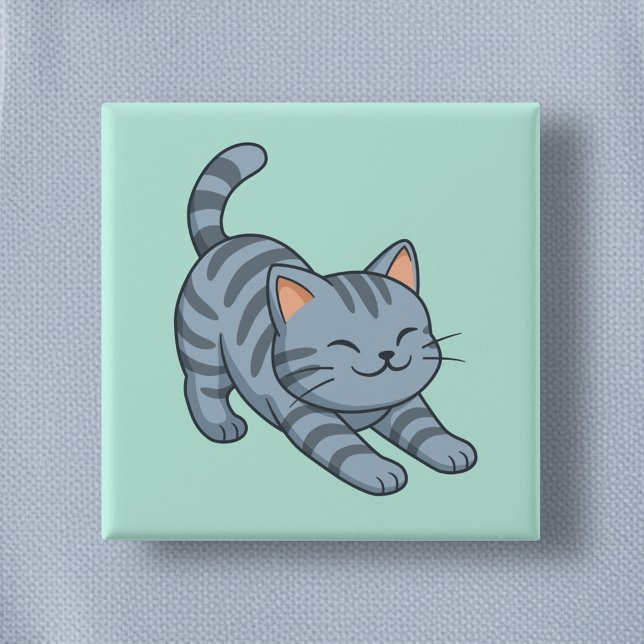 Sträckande Grå Tabby Katt Grön Knapp (Skapare uppladdad)
