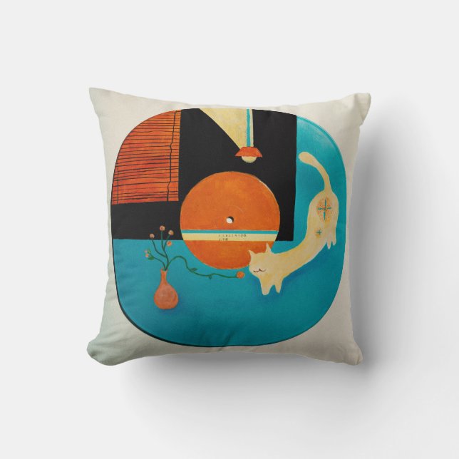 Sträckande katt Retro Record Illustration Kudde (Framsida)