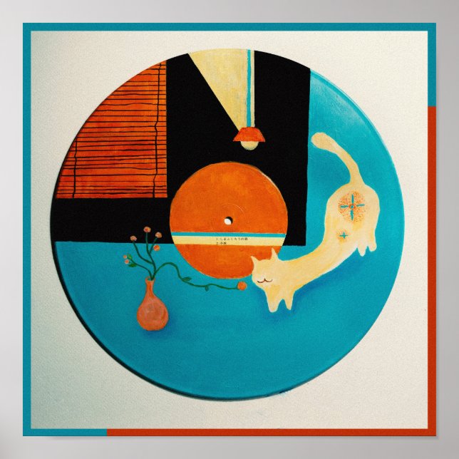 Sträckande katt Retro Record Illustration Poster (Framsidan)