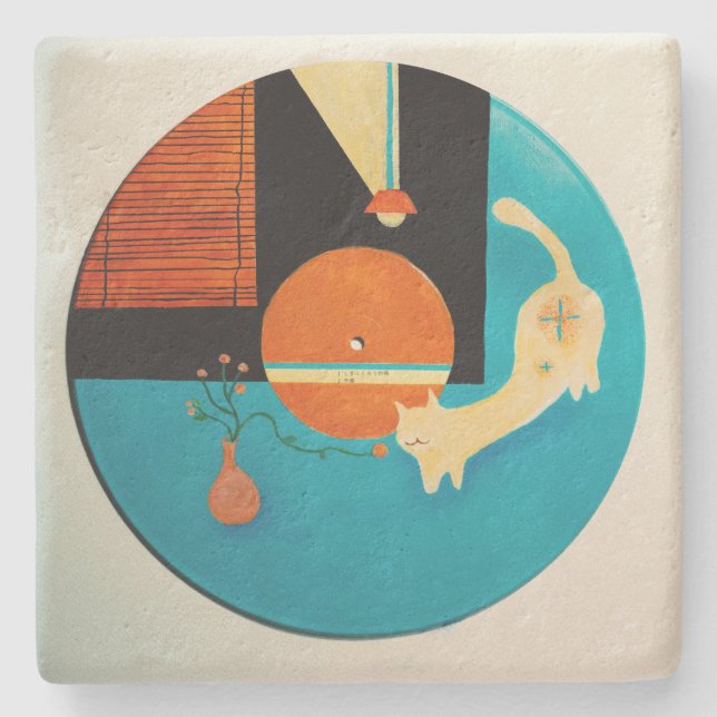 Sträckande katt Retro Record Illustration Stenunderlägg (Framsidan)