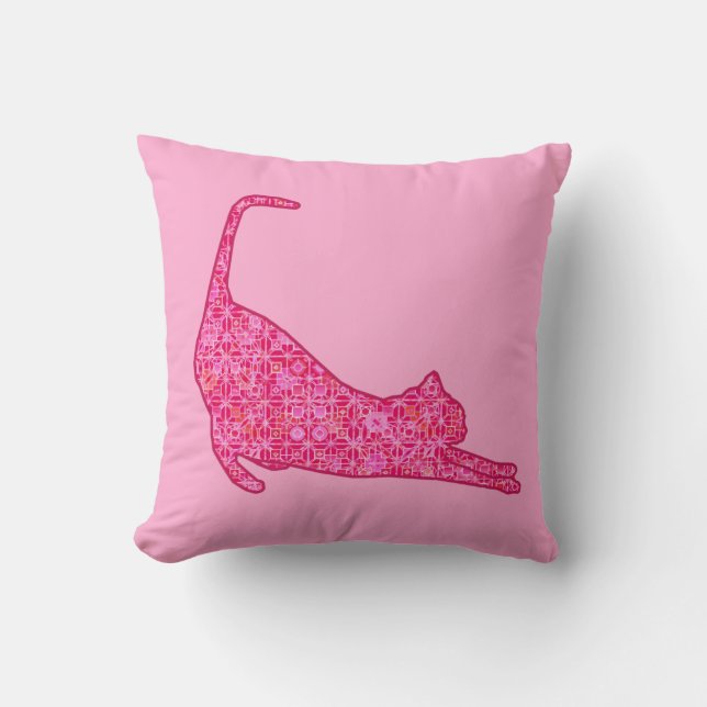 Sträckande katt siluett i fuchsia rosa batik kudde (Framsida)