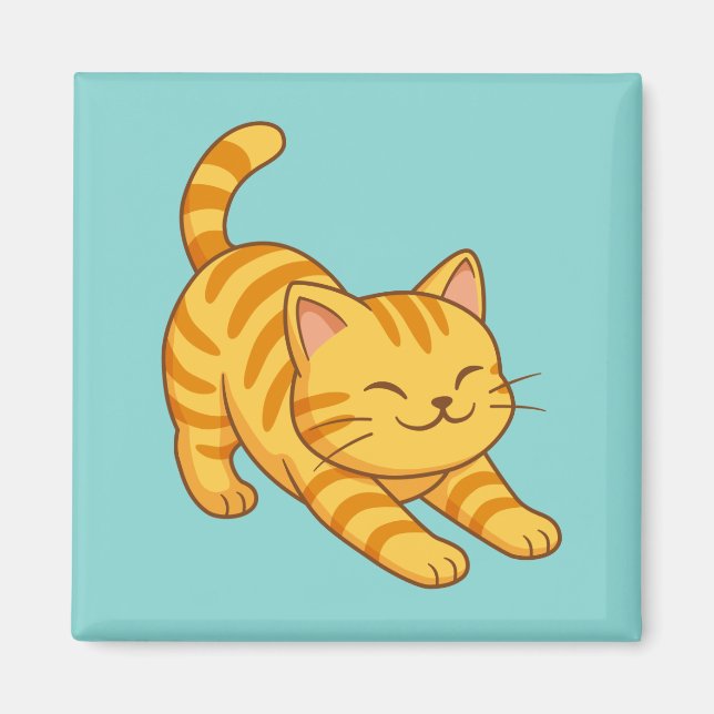 Sträckande orange tabbykatt grön magnet (Framsidan)