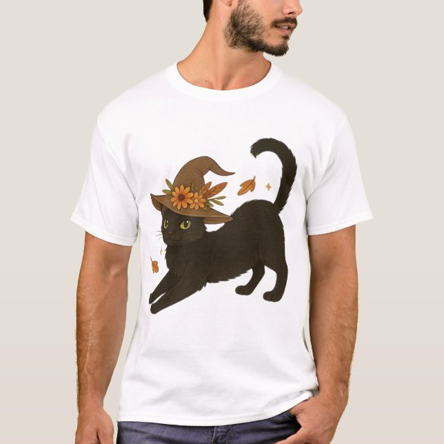 Sträckande svart katt � Häxig höstklassisk t-shirt (Framsida)