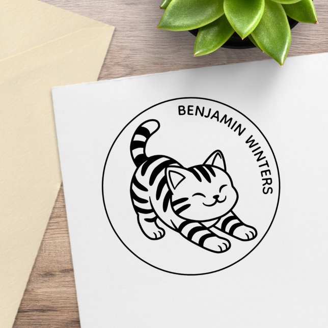 Sträckande Tabby Katt Anpassad Text Stämpel (Skapare uppladdad)