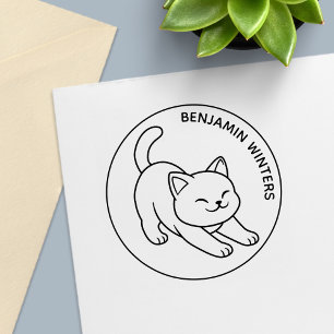 Sträckande vit katt anpassad text självfärgande stämpel