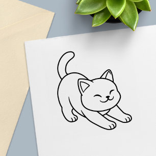 Sträckande vit katt självfärgande stämpel