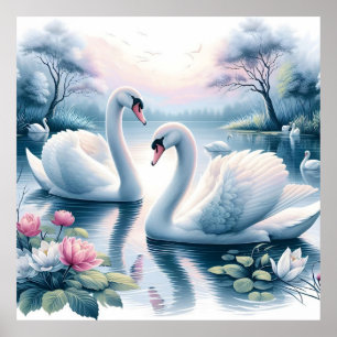 Sträckat Kanvastryck - Svanar i en Waterlily Pond Poster