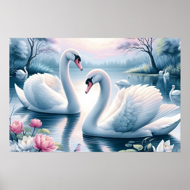 Sträckat Kanvastryck - Svanar i en Waterlily Pond Poster (Framsidan)