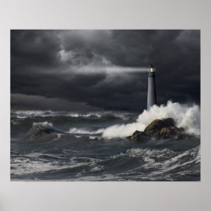 Stråla av ljust glänsande in i stormigt hav poster