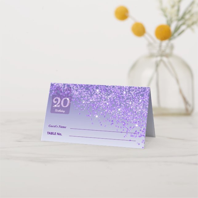 Strålande 20-årspresentlåda med lila glitter placeringskort (Framsida)