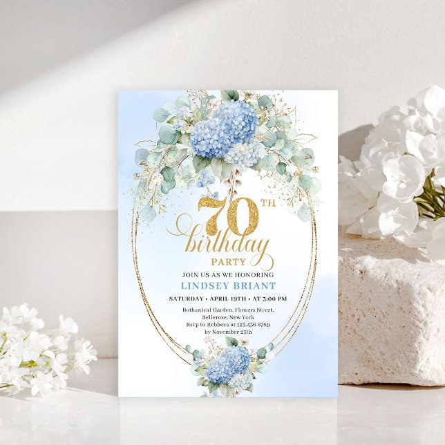 Strålande Boho Blå Blommig Guld Ram 70-årsdag Inbjudningar (Radiant Blue Floral Gold Frame 70th Birthday Invite

)