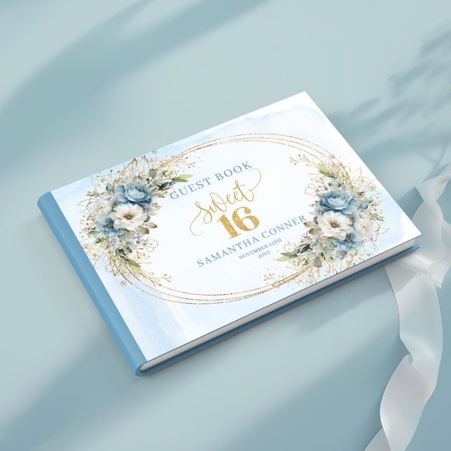 Strålande dammig blå blomstergirlis födelsedagsfir gästböcker (Radiant Dusty Blue Floral Sweet Sixteen Birthday Guest Book

)