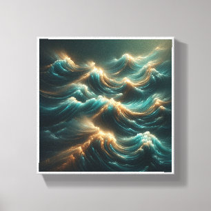 Strålande Glödande Vågor - Modern Teal och Guld Oc Canvastryck