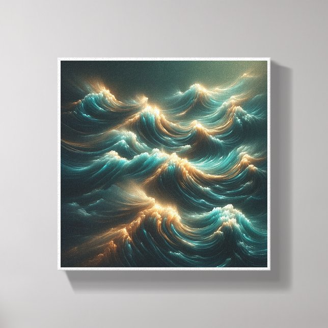Strålande Glödande Vågor - Modern Teal och Guld Oc Canvastryck (Framsida)