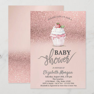 Strålande Jordgubbs Cupcake Rosa Guld Baby Shower Inbjudningar