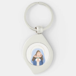Strålande Kawaii Jungfru Maria i bön – Vit Swirl Silverfärgad Nyckelring