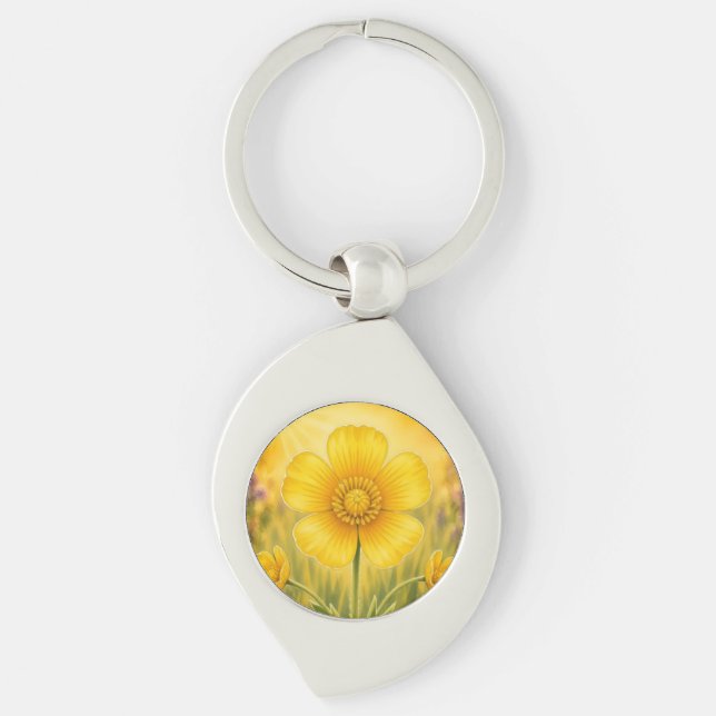 Strålande Kronblad Serie – Smörblomma Swirl Silverfärgad Nyckelring (Framsidan)