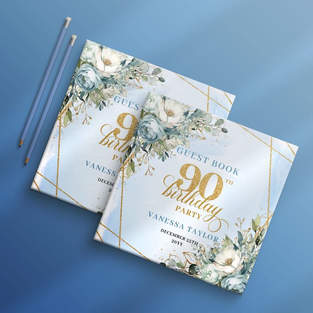 Strålande Ljusblå Guld 90-års Födelsedags Gästbok (Radiant Light Blue Gold 90th Birthday Guest Ledger)